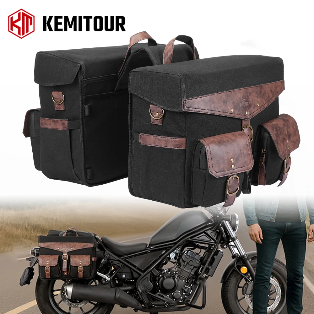 

Motorcycle Saddle Bags 30L Retro Waxed Canvas Side Bag Throw Over Saddlebags with Protective Cover Pannier Luggage Storage Bag