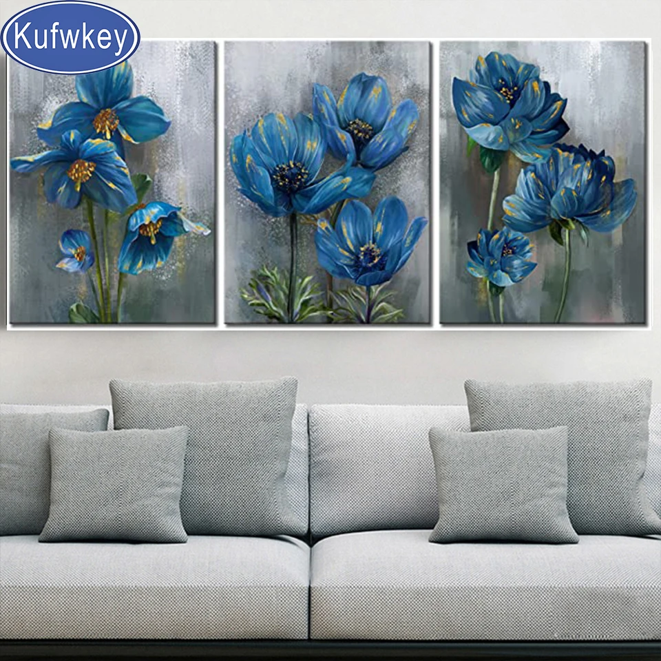 Triptych Full Diamond Mosaic Blue Lily Flowers,5D,Diamond Painting Peony,Stitch Cross,3D,Embroidery,home,art,Rhinestone Pictures