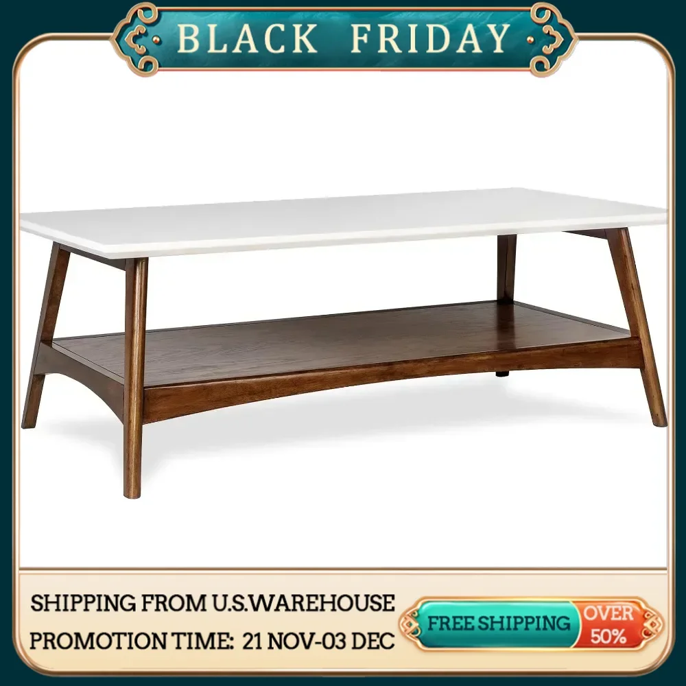 Rectangular Solid Wood Frame & Legs Coffee Tables with Storage Shelf Accent Furniture for Living Room Minimalist Decor