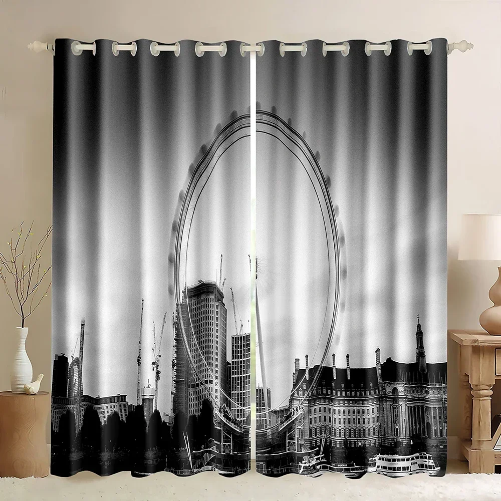 Cortinas para ventana de Londres, rueda gigante London Eye, foto en blanco y negro, edificio Big Ben, paisaje urbano, cortina opaca impresa en 3D