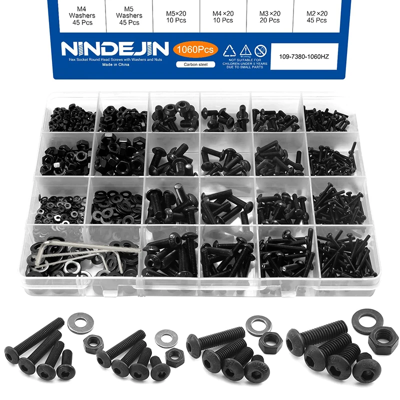 1060pcs M2 M3 M4 M5 Hex Socket Screw Set Carbon Steel Flat Round Cap Head Screws Bolts and Nuts Assortment Kit with Storage Box image 3