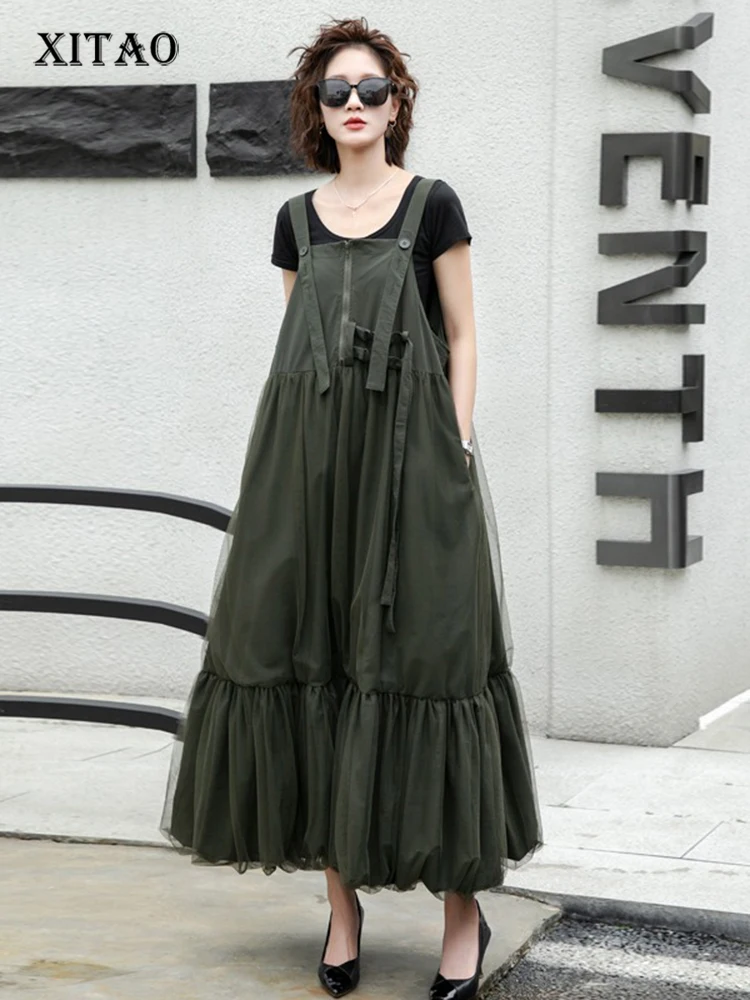 

XITAO Gauze Pleated Bandage Strap Dress Sleeveless Solid Color Loose Casual Patchwork Personality Summer Woman Dress HQQ2497