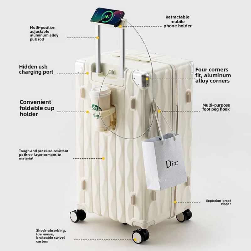 24/26/28/30 Inch Large size Travel Suitcase PC Zipper Luggage with USB Cup Holder Trolley Case With Wheels Rolling Luggage