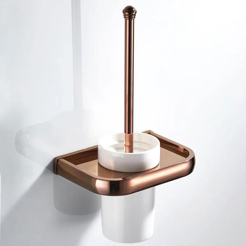 Rose Gold Toilet Brush Holder Brass Bathroom Hardware Set Wall Mounted Long Handle White Ceramic Cup Toilet Brush Rack