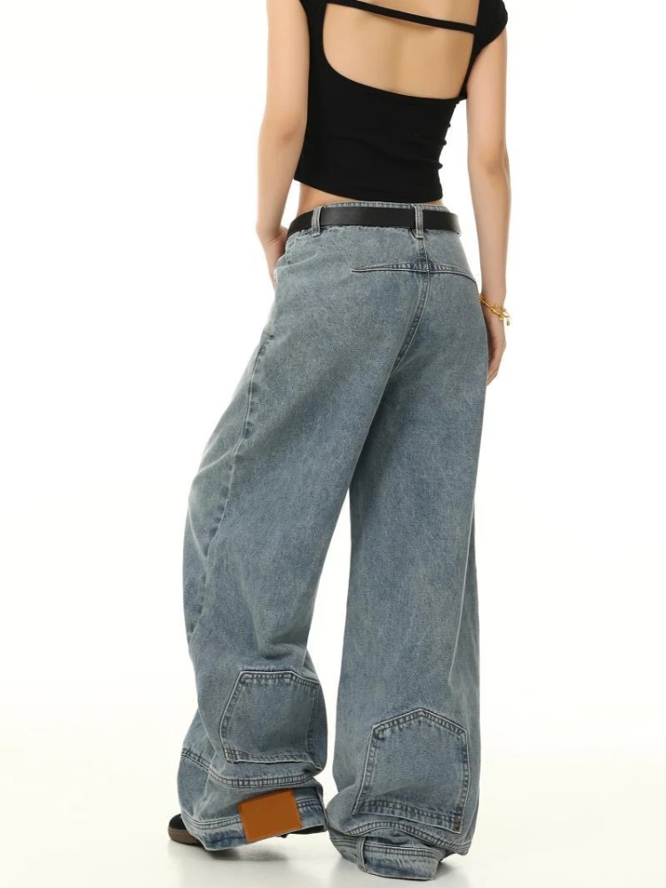 

HOUZHOU Vintage Blue Washed Jeans Women Reverse Pocket Wide Leg Denim Trousers American Retro Patchwork High Street Baggy Jeans