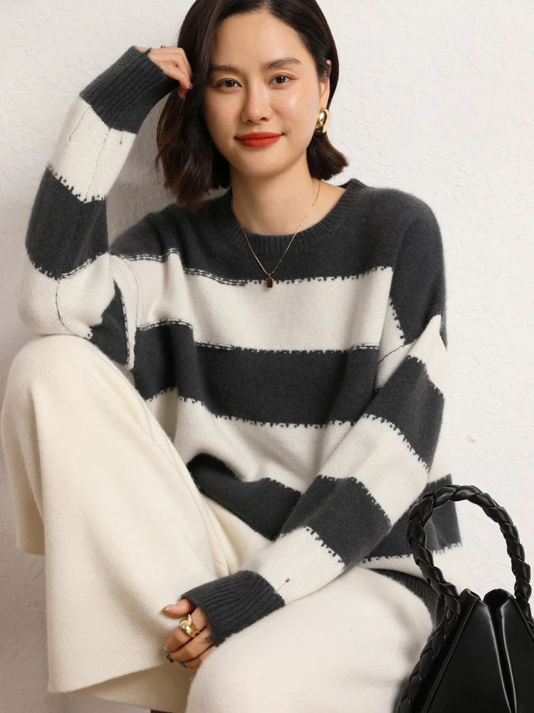 New Chic Women Sweater 100% Cashmere Casual O-neck Pullovers Striped Oversize Jumper Female Clothing Korean Style Knitwear Tops