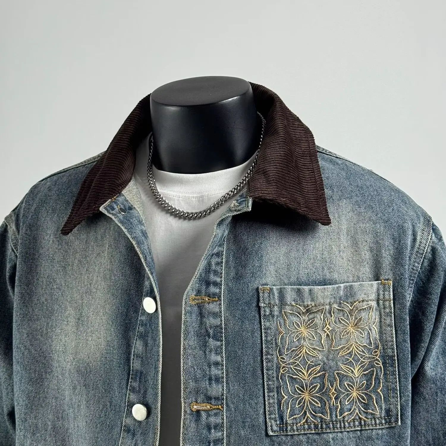 Men's Denim Jacket Embroidered Pocket Corduroy Patchwork Collar Washed Distressed Oversized Retro Spring Fall Workwear Coat