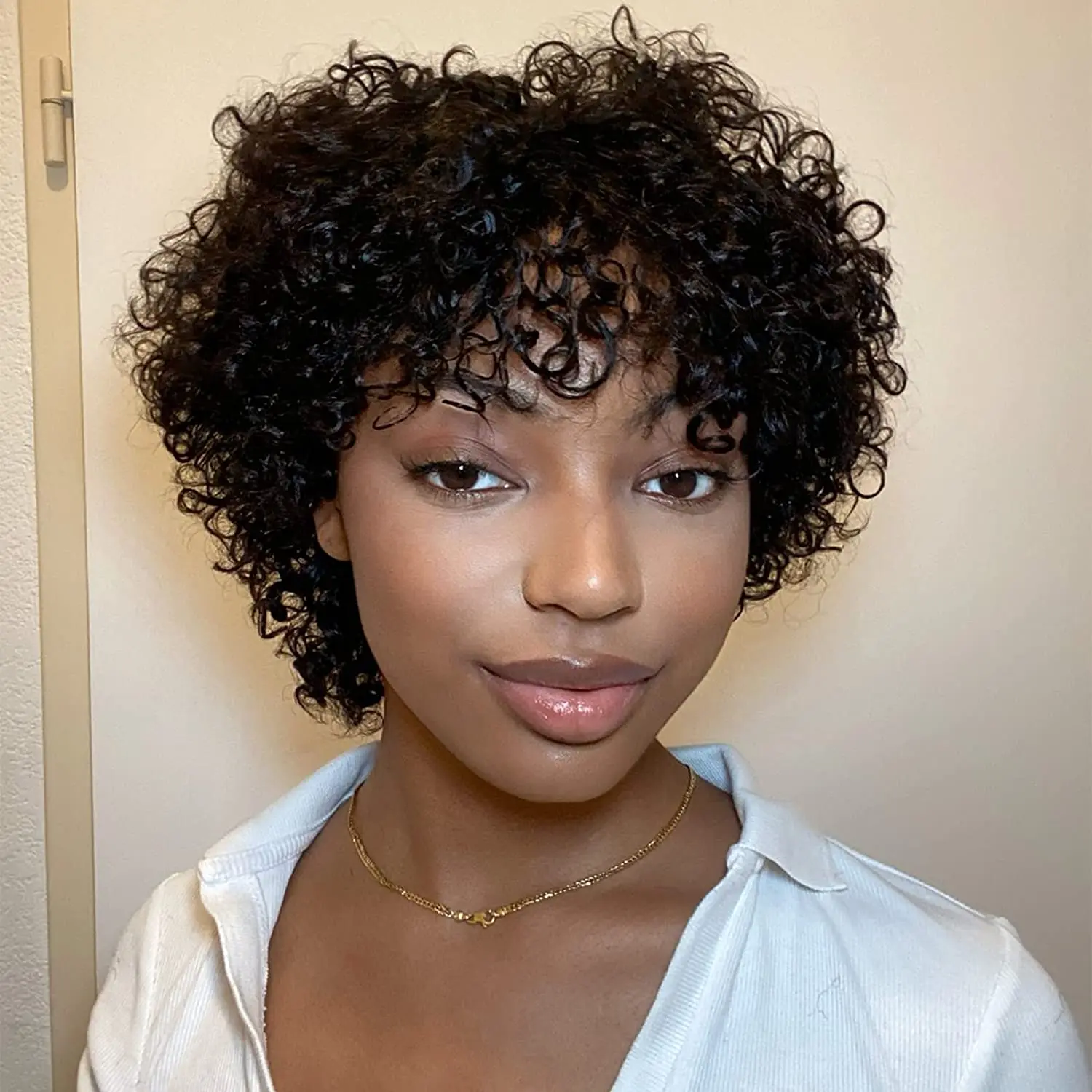 8 Inch Short Pixie Curly Bob Wig with Bangs Brazilian Human Hair Bouncy Curl Wig for Women Ready to Go Wig image 2