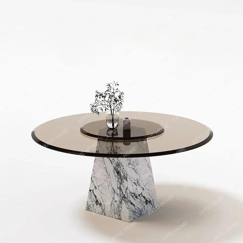 XXNatural marble dining table round tempered glass minimalist dining table and chair combination round dining table for 6 people