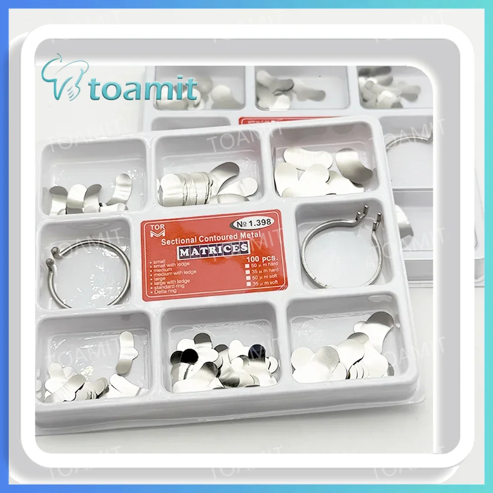 

100 шт., набор матриц для формования зубов, предварительно формы секционные металлические ленты с разделительными кольцами для реставрации, стоматологические инструменты