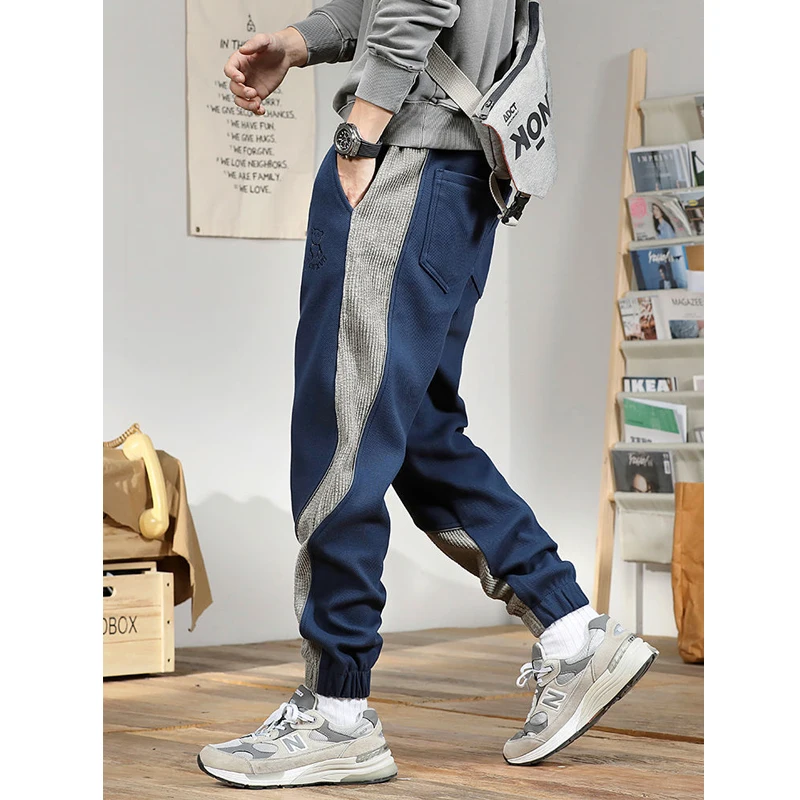 Outono inverno masculino na moda contraste cor retalhos bordado esportes jogger calças retro casual solto velo grosso quente moletom