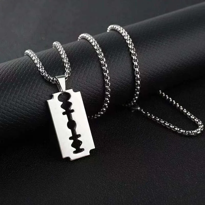 Fashion Razor Blade Necklace Simple Stainless Steel Pendant Hip Hop Knife Shaver Shape Sweater Chain Necklace Gift For Women Men