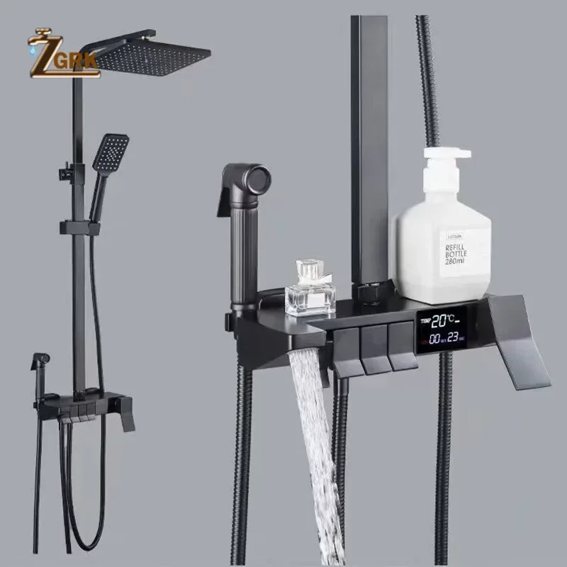 ZGRK Black Rainfall Faucets Set Wall Mounted Rain Shower System Storage Bath Shower Set Hot Cold with Spray Hand Shower