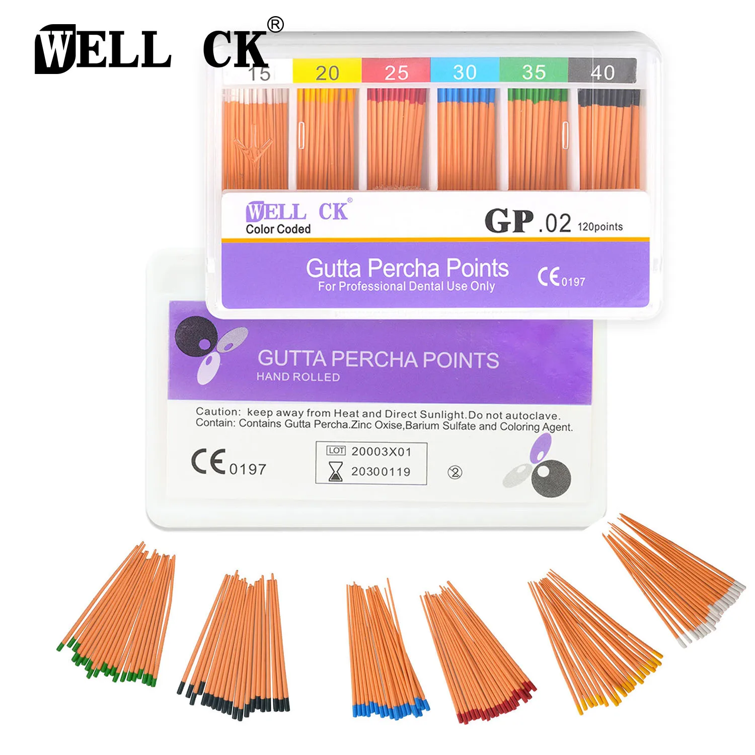 WELLCK Dental gutapercha punto materiales endodónticos cónico 0,02 0,04 0,06 F1 F2 F3 profesional odontología clínica consumible