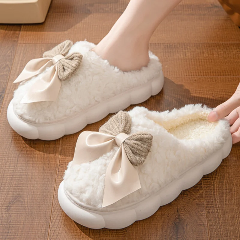 Zapatillas de interior peludas con lazo para mujer, pantuflas de algodón antideslizantes y cómodas para invierno, chanclas cálidas y esponjosas de piel para mujer 2025