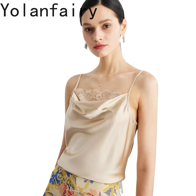 

YOLANFAIRY Качественные женские майки из 90% шелка тутового шелкопряда, летняя коллекция 2026, однотонные базовые топы-камисоли из атласа