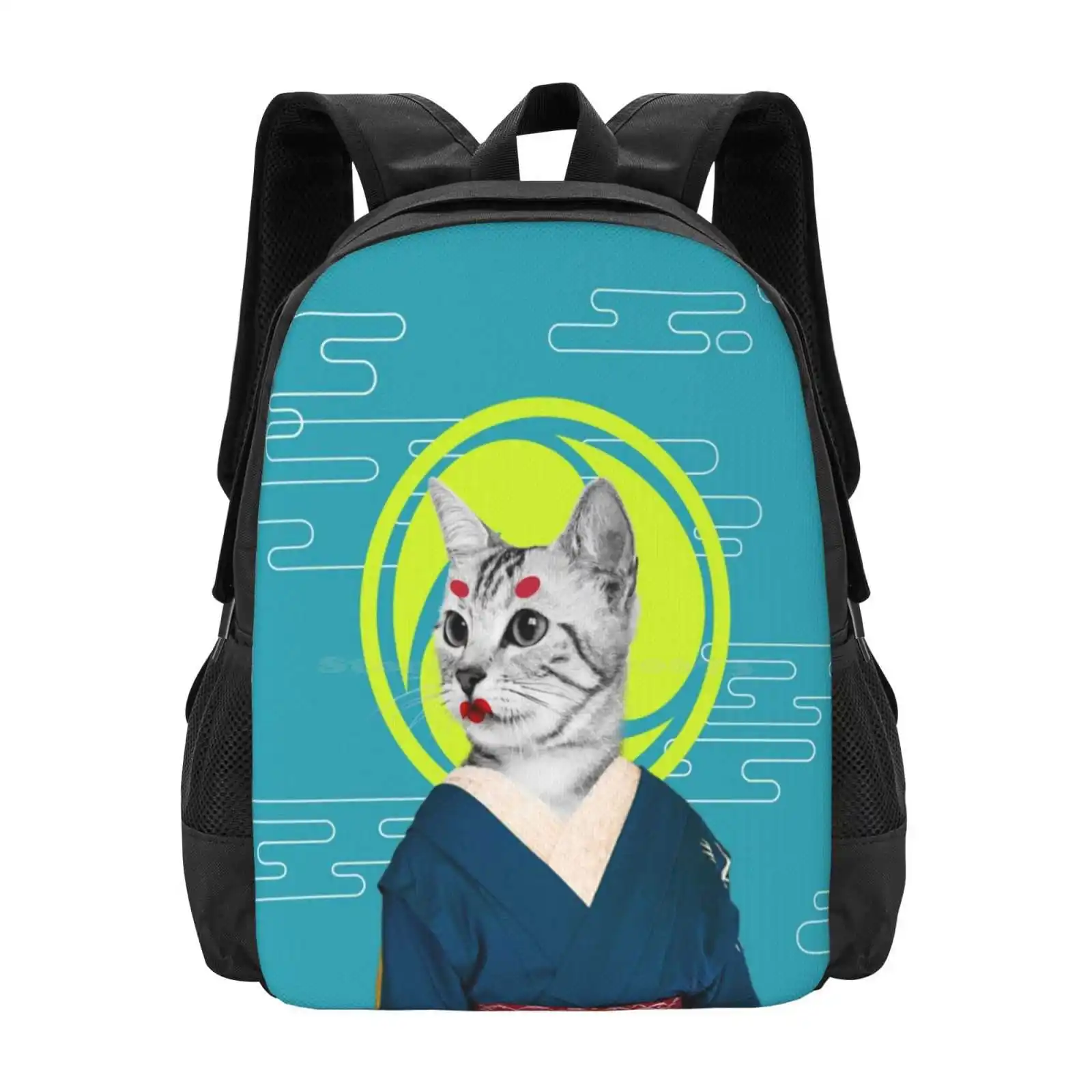 Geisha Cat Hot Sale Schoolbag Backpack Fashion Bags Cat Geisha Japanese Style Cloud Blue Green Red White