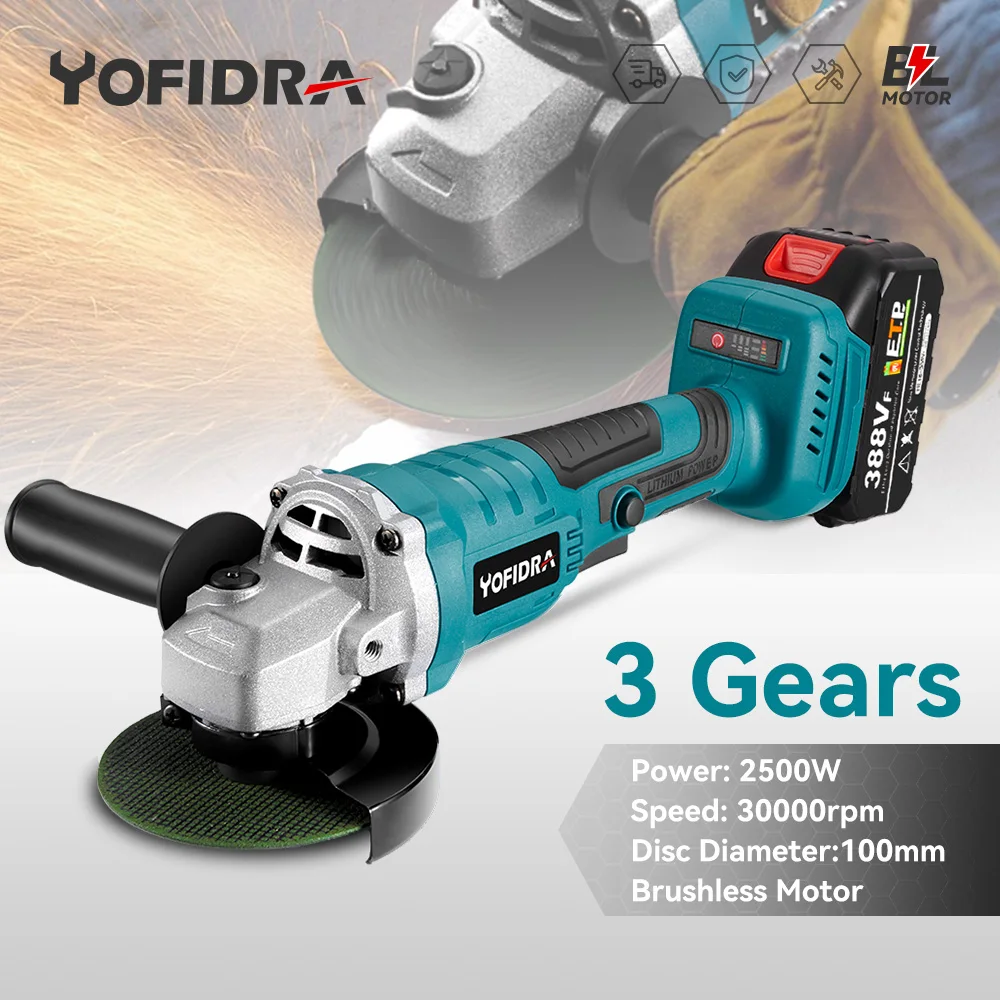 YOFIDRA 30000rpm 100mm Brushless Angle Grinder 2500W Rechargeable Cutting High Power Polishing Machine For Makita 18V Battery