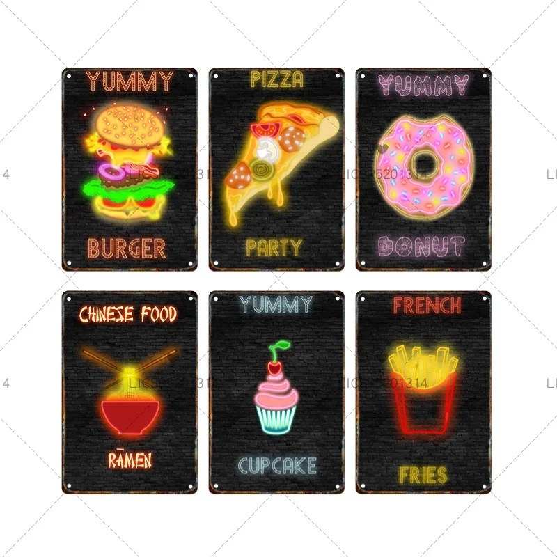 New Jindian Hamburger Pizza Metal Signage Tin Painting Food Poster Home Kitchen Restaurant Store Wall Art Decor Aesthetic Gift