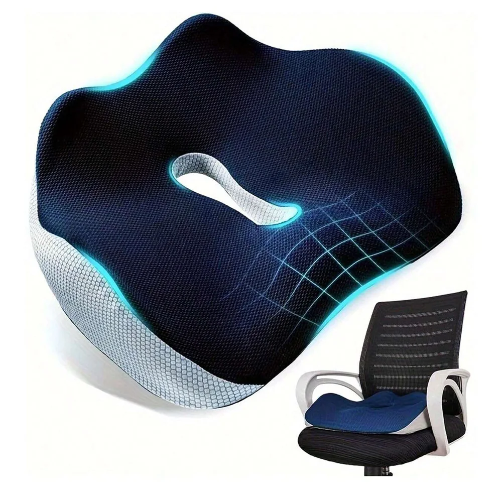 Ergonomic slow-rebound memory foam seat cushion, hollowed-out pressure-relieving coccyx support seat pad, wrap-around hip support cushion for correcting sitting posture, breathable mesh washable chair cushion, suitable for office, computer chair, car, and home use, designed to relieve hip and sciatic pain and provide support