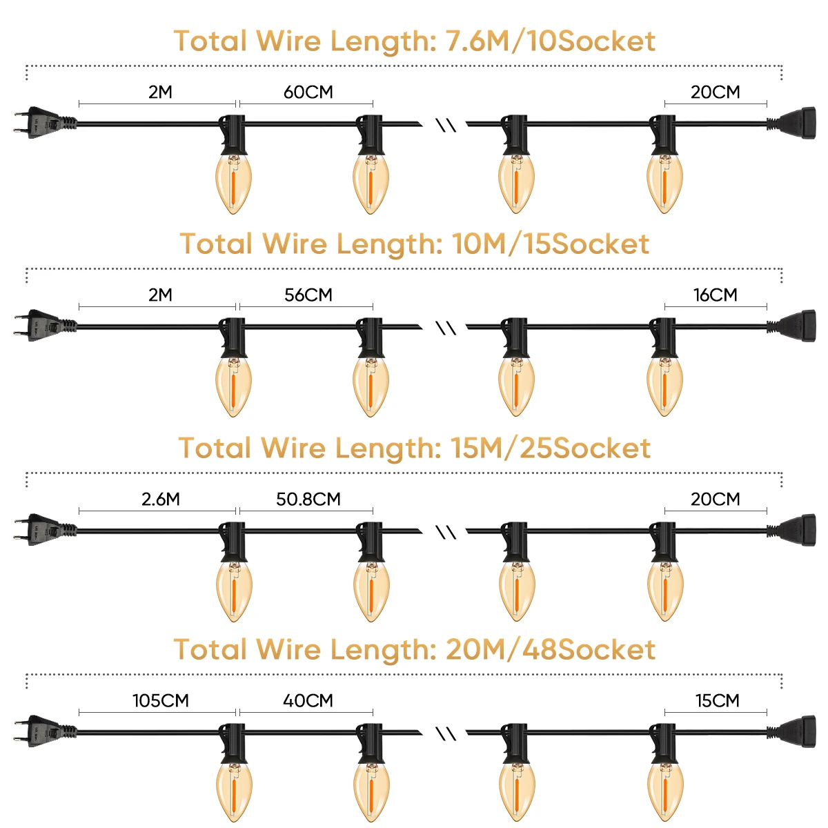 Outdoor LED Lights String, C7, E12 Retro Guirlanda, 220V, 110V, UE, EUA, impermeável, branco quente, Natal Party Light, Camping