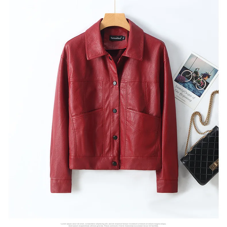 المرأة فو بولي معطف معطف جلد الصلبة سترة قصيرة جيب رفض طوق كم طويل واحدة الصدر ضئيلة عادية 2025 ربيع الخريف #2