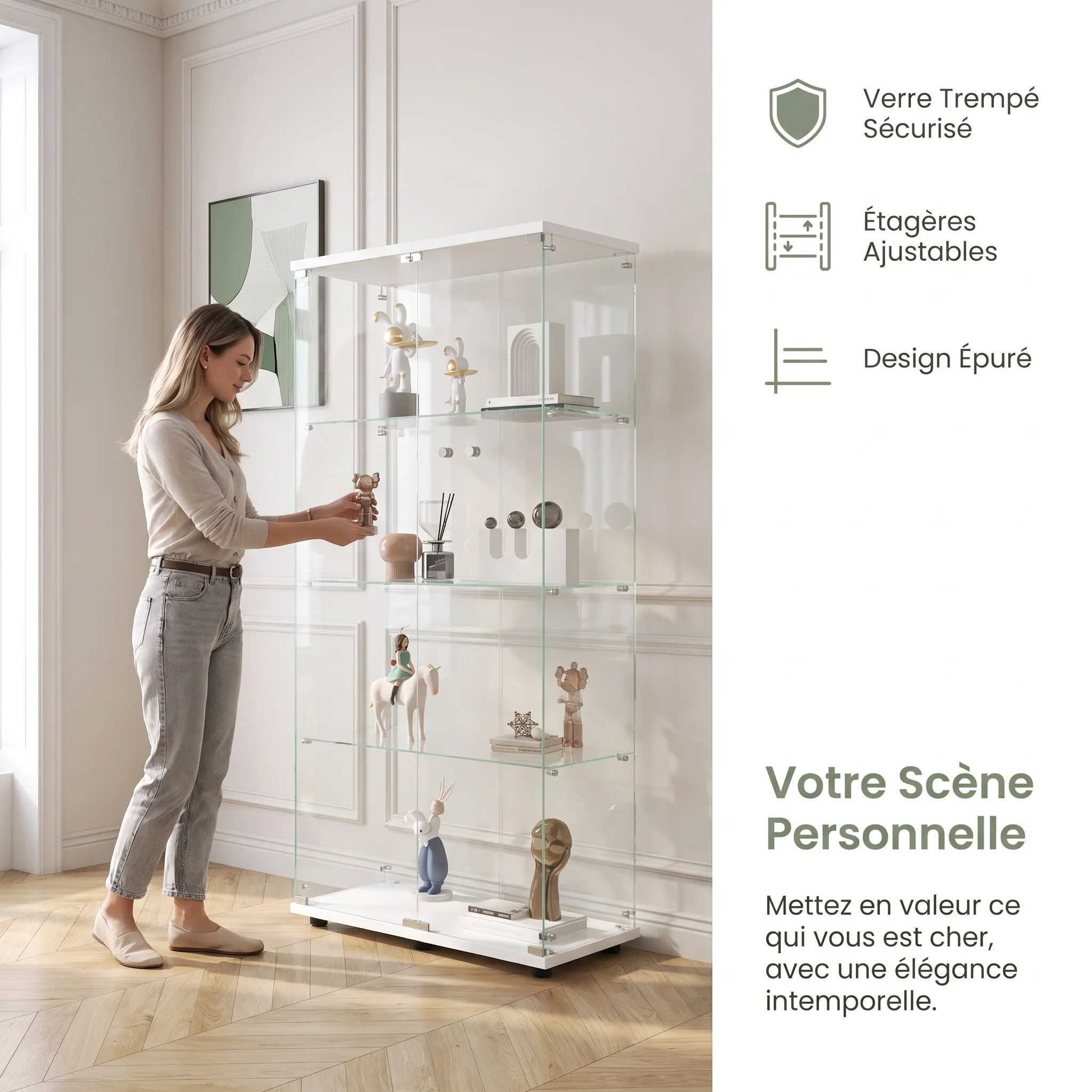 Image of Superaly 4-stöckiger Vitrinenschrank mit 2 Türen und Schloss, Glasschrank, Sammlungs-Vitrine für Schlafzimmer, Weiß