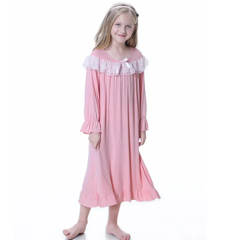 Girls Long Sleeve Nightgown Kids Pajamas White Pink Sleepwear 2024 Spring Fall 2-10-Years Children\'s Long Nightdress