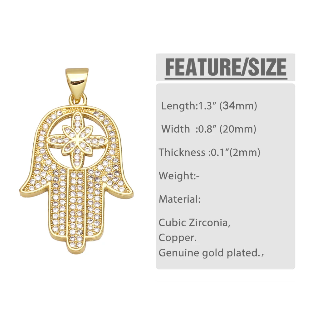 OCESRIO Large Fatima Hand Hamsa Necklace Pendants Gold Plated Copper Zircon Components for Jewelry Making pdta659