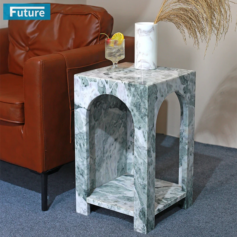 Marble Supplier Modern Calacatta Green Marble Stone Side Sofa End Table with Low Plinth for Apartment Living Room Furniture