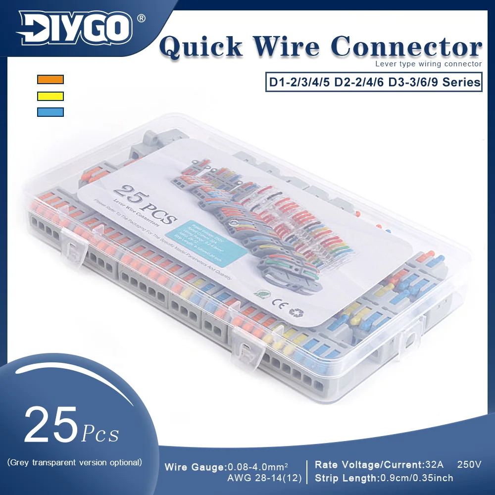 25Pcs Quick Lever Type Wire Connector 2-9Pin 32A 28-12AWG Push-in Splicing Cable Connector Electrical Terminal Block Wiring Kit