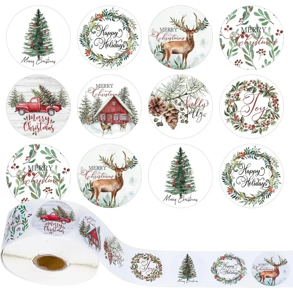 

500pcs Merry Christmas Stickers Round Stickers Christmas Tag Envelope Sealing Gift Decor Background Product Packaging Stickers