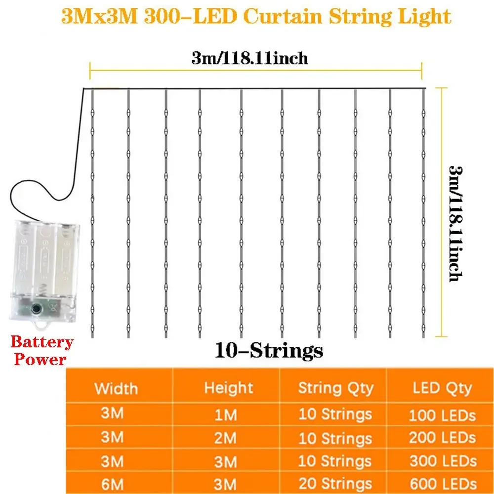 8 Modes Fairy Garland Christmas Lamps 3/6m LED Curtain Lights Wedding String Battery Power for Home Bedroom New Year Decoration