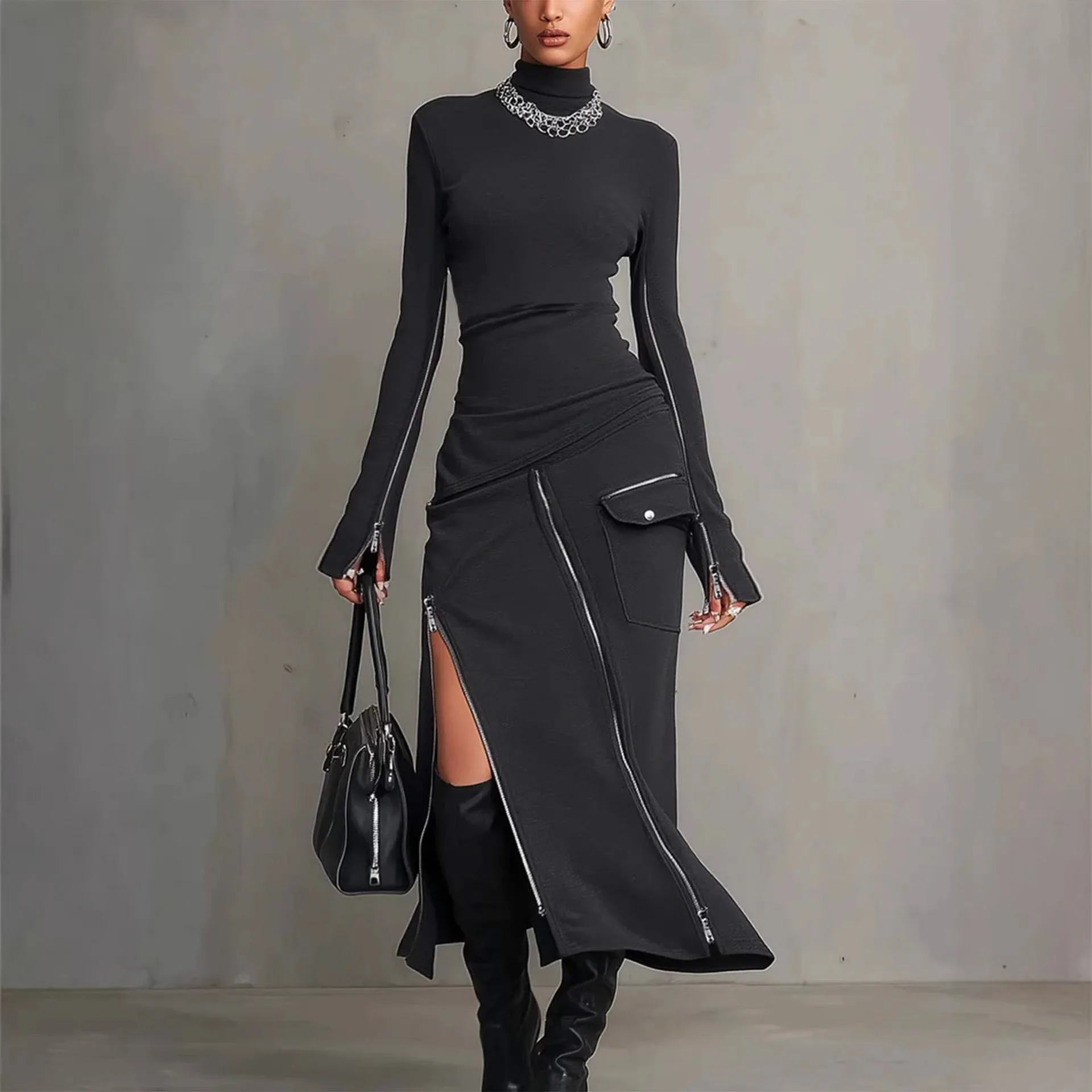 

2026 Amazon Fashion Slim-Fit Waist-Cinching Side-Zip Bodycon Sexy Long-Sleeve European And American Style