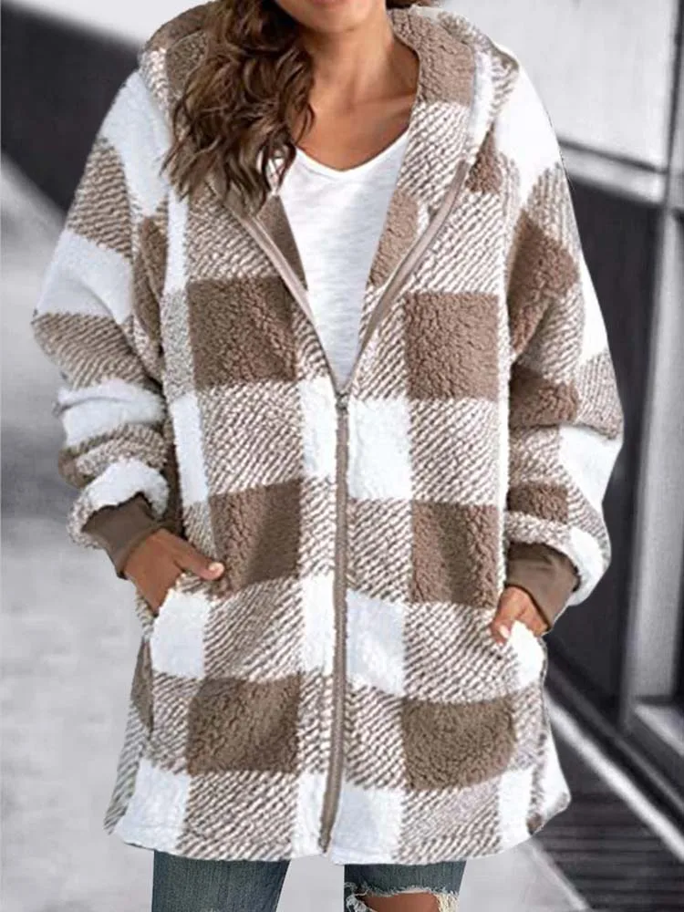 2023 Autumn Winter Plaid Faux Fur Coat Women Teddy Coat Hooded Jackets Female Furry Teddy Bear Plush Jacket Women