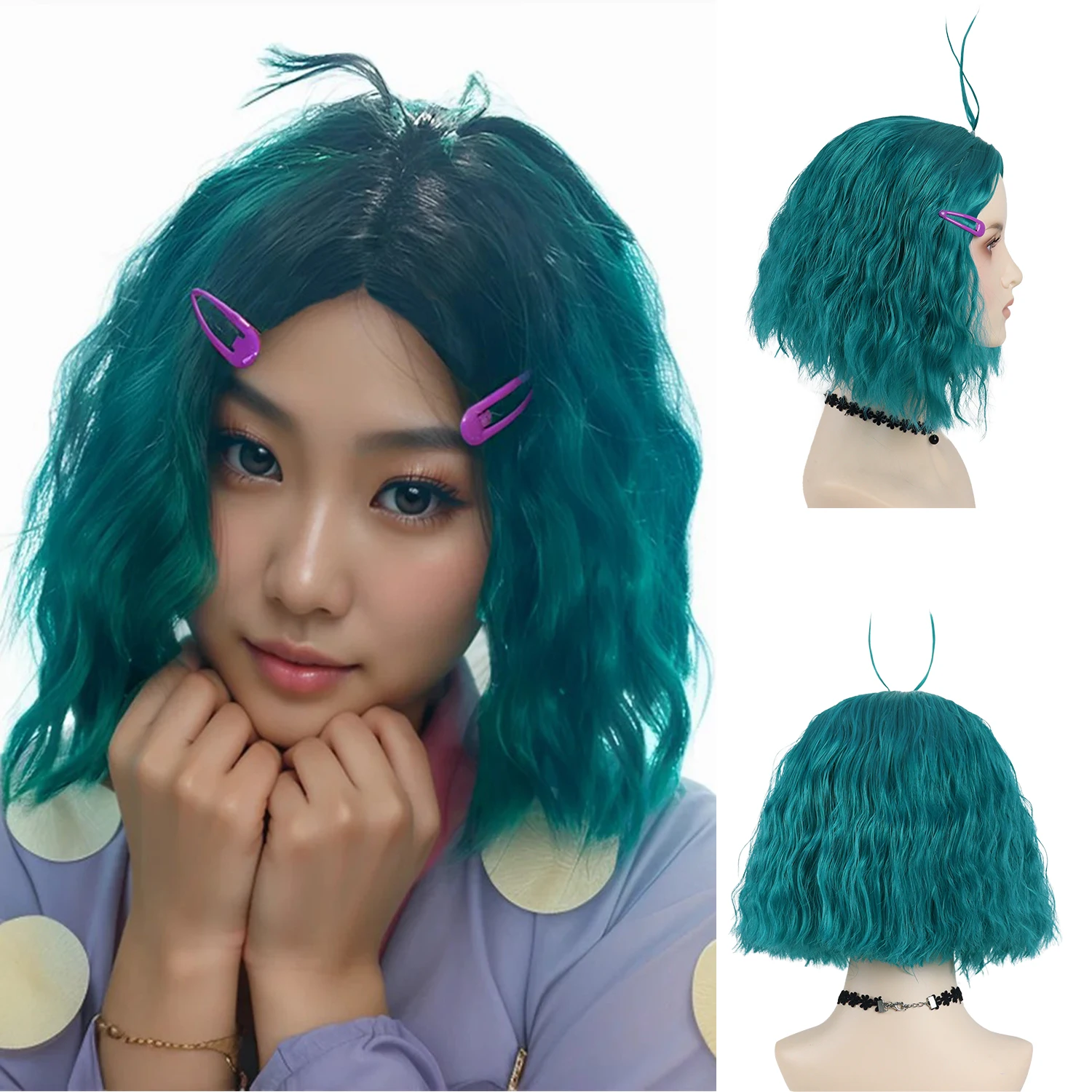 

Synthetic Short Wavy Blue Anime Envy Wig with Hairpins for Women Girsl Center Part Cosplay Wigs Halloween Costume Heat Resistant