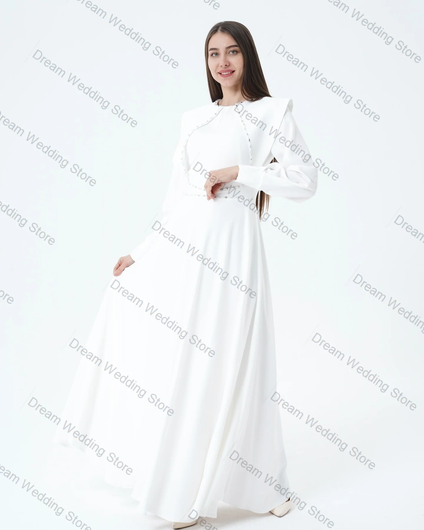 

Luxury Crystals White Women Prom Dress Elegant Full Sleeves Formal Banquet Long Skirt Customized Guest Wedding Bridal Gown