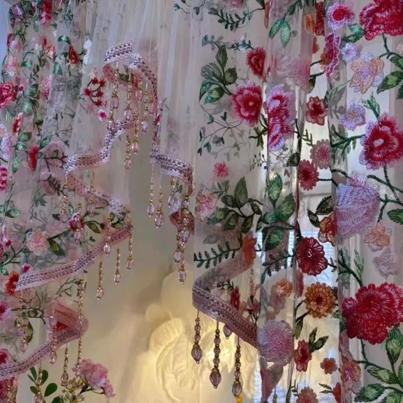 Luxus Volant Rosa Blumen Quaste Rand Gebrochene Trennwand Tür Vorhang Gaze Vorhang Spitze Schlafzimmer Küche Vorhänge Anpassen – Detail 3
