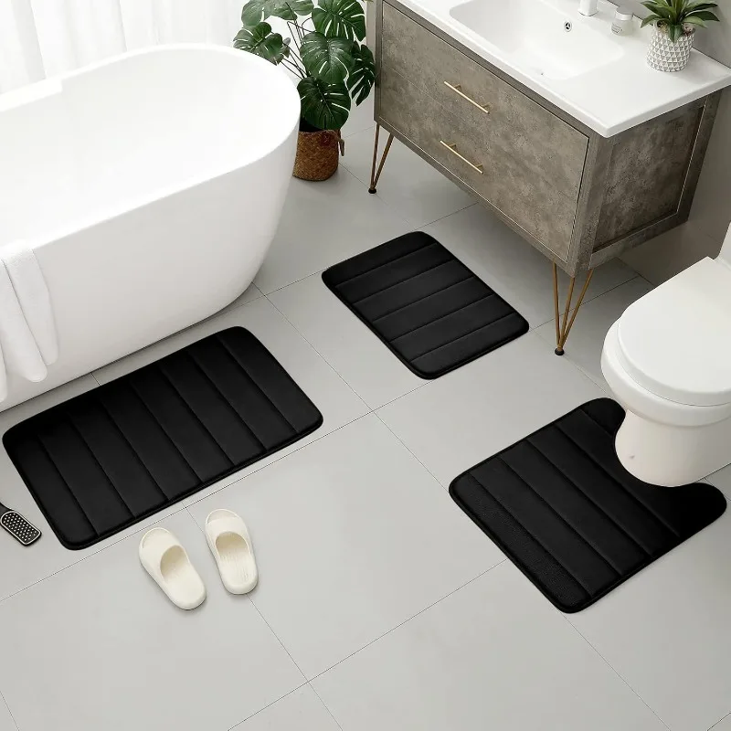 Black Memory Foam Bathroom Rug Set 3count, Non Slip Extra Soft Absorbent Washable & Dry Toilet Bath Mat Sets