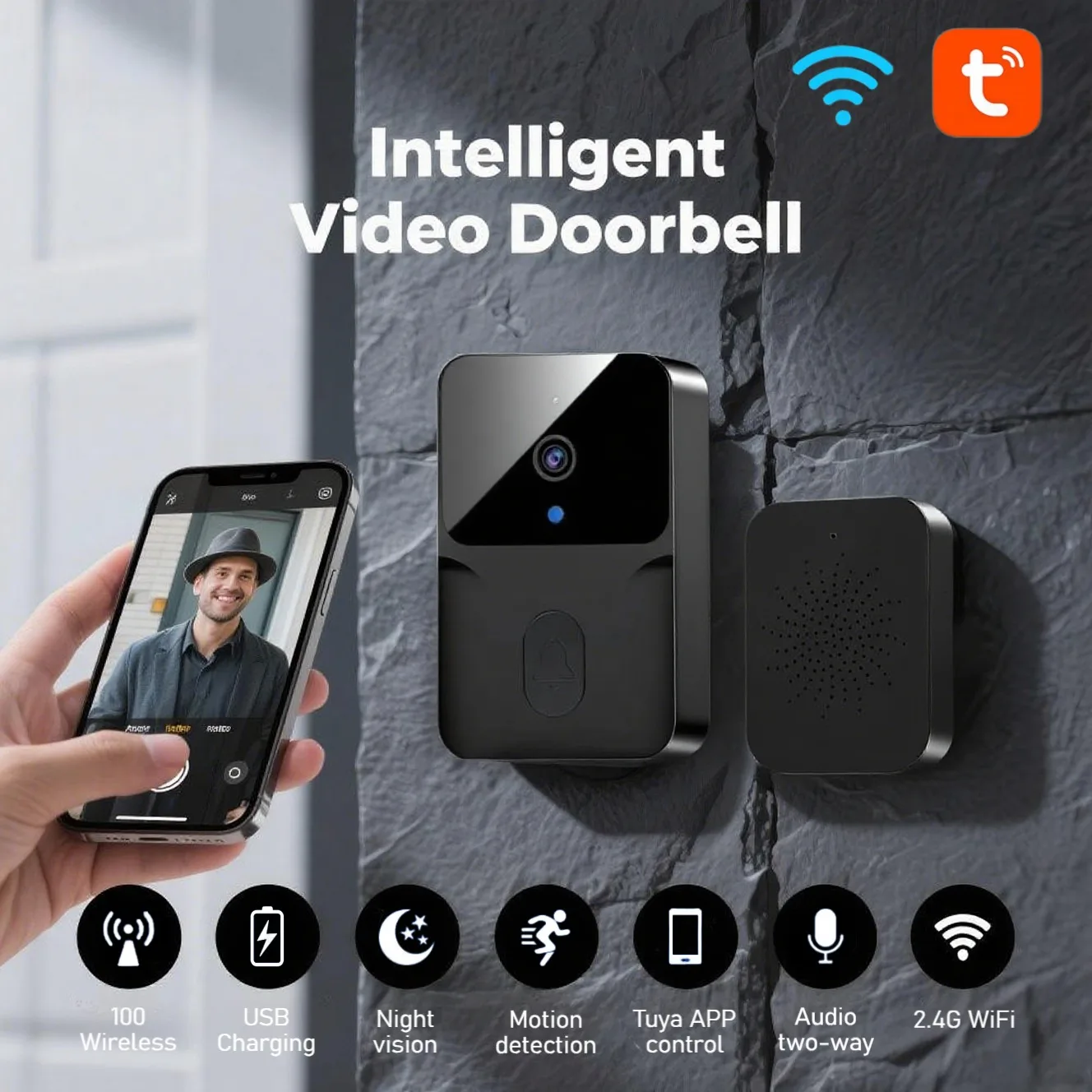 Tuya Smart WiFi Video Wireless Doorbell Night Vision Two Way Audio Alarm Notification Push Rechargeable Battery Inside