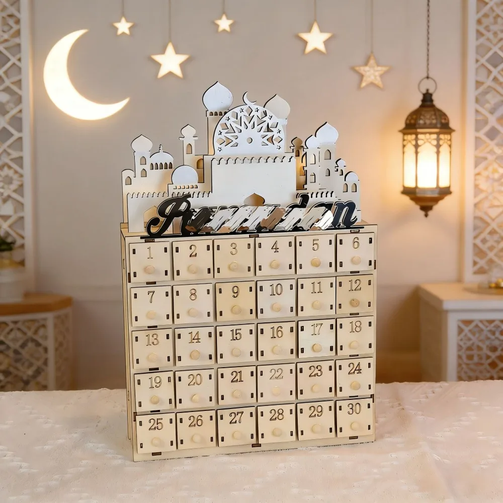 Middle East Castle Calendar Cabinet LED Lighted Festival Wooden Countdown Ornament Desktop Digital Home Decor