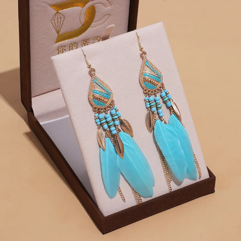 Bohemian Ethnic Long Feather Earrings Boho Water Drop Gold Color Chain Tassel Earrings for Women Bride Wedding Party Jewelry