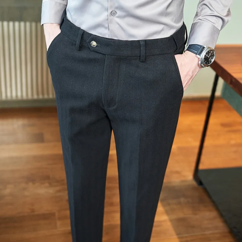 Men's Black Textured Trousers, Fashionable Slim-fit Formal Trousers, Adjustable Waist Casual Trousers, Asian Fit