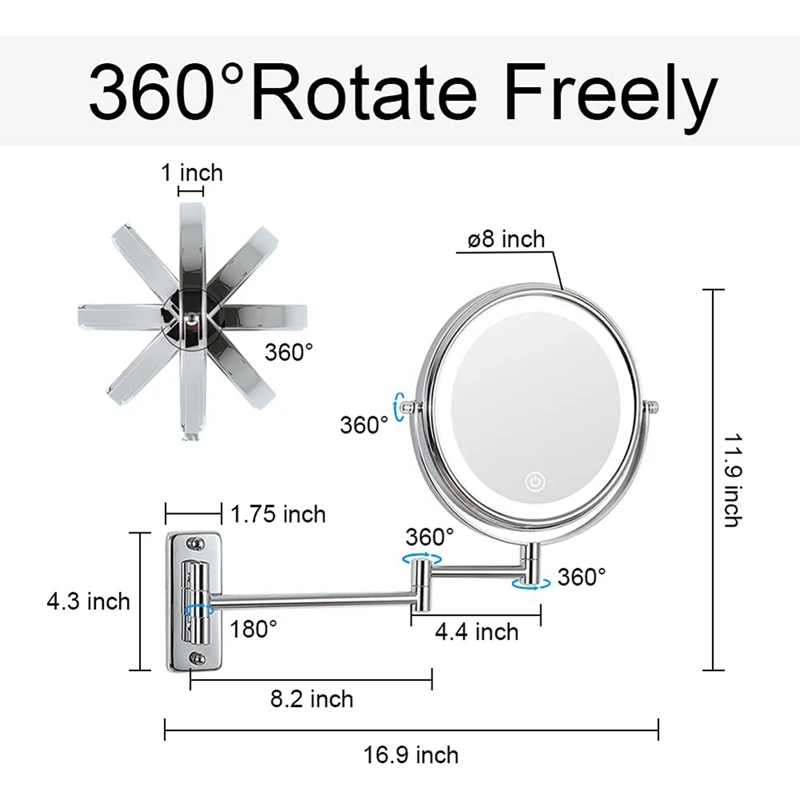 Imagem -06 - Wall Mounted Vanity Mirror Espelho do Banheiro Giratório Cor Tem 10x Magnifier 8