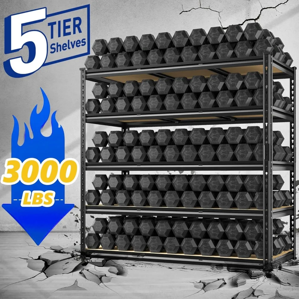 Heavy-Duty 5-Tier Adjustable Metal Garage Shelving with 3000 lbs Capacity, Industrial Strength Storage Solution