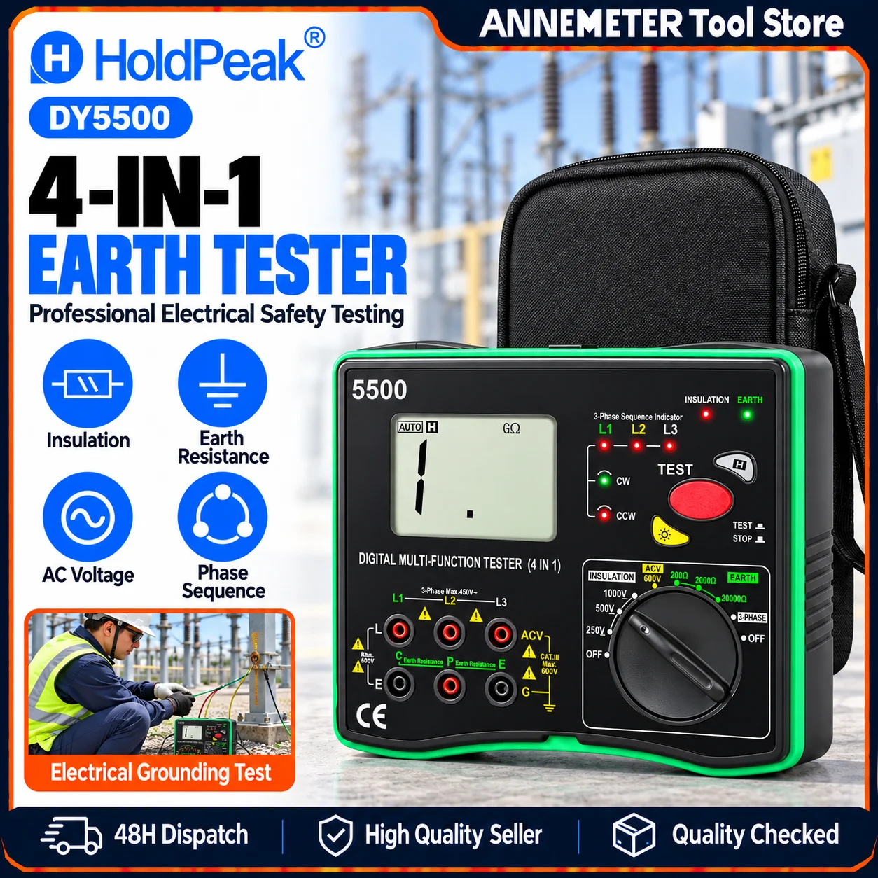 4-in-1 Digital Multimeter Earth Resistance Tester, Insulation Tester, Phase Sequence & Voltmeter, 0.01Ω Res 600V Auto-Ranging