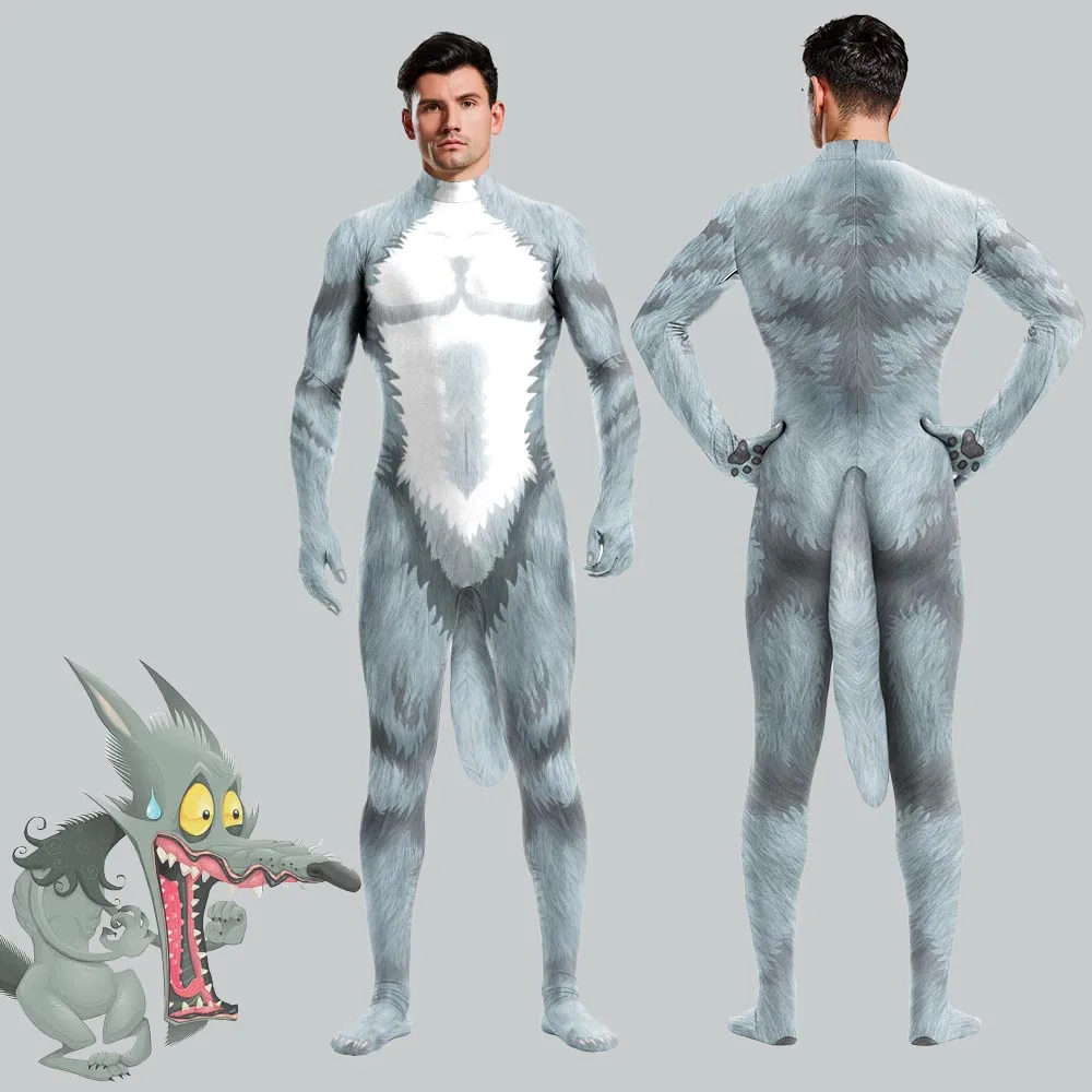 

Grey Wolf Bodysuits with Tail Cartoon Animal 3D Printed Cosplay Costumes Adult Zentai Suits with Big Tail And Crotch Zipper