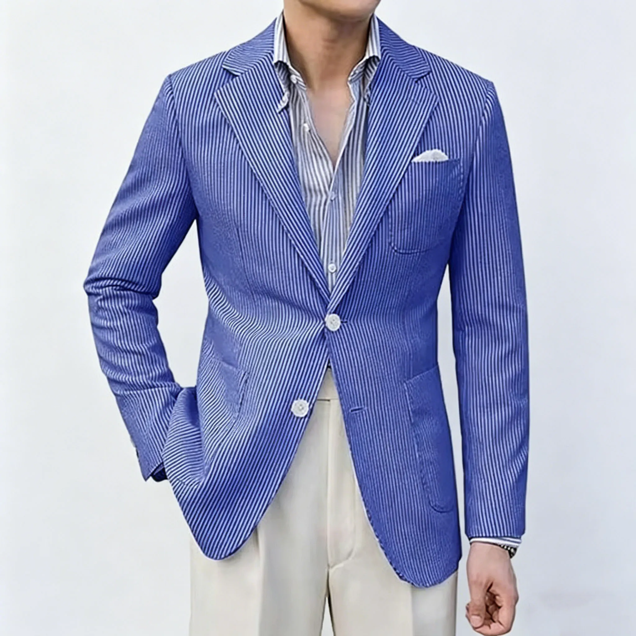 

Men's Seersucker Pinstripe Blazer Breathable Lightweight Slim Fit Jacket Comfortable Cool Fabric Sport Coat Summer Wedding Party