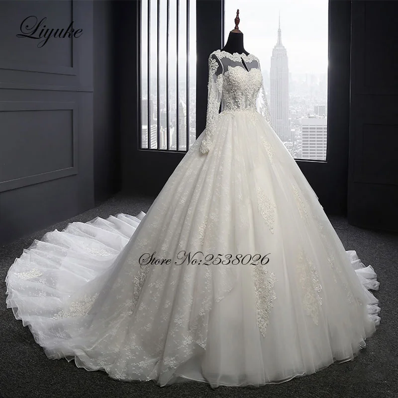 Liyuke Classic Cap Sleeve Beads Lace Ball Gown Wedding Dress With Corset Princess Bridal Gown