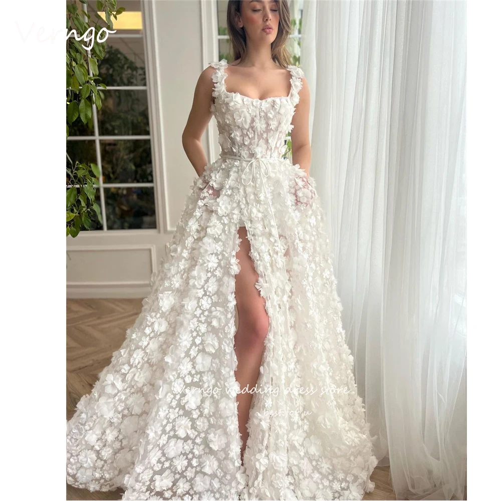 Verngo 3D Bloemen Trouwjurken 2024 Prinses Bandjes Split Bruidsjurken ivoor Luxe Trouwjurk Robe de mariage Aangepaste